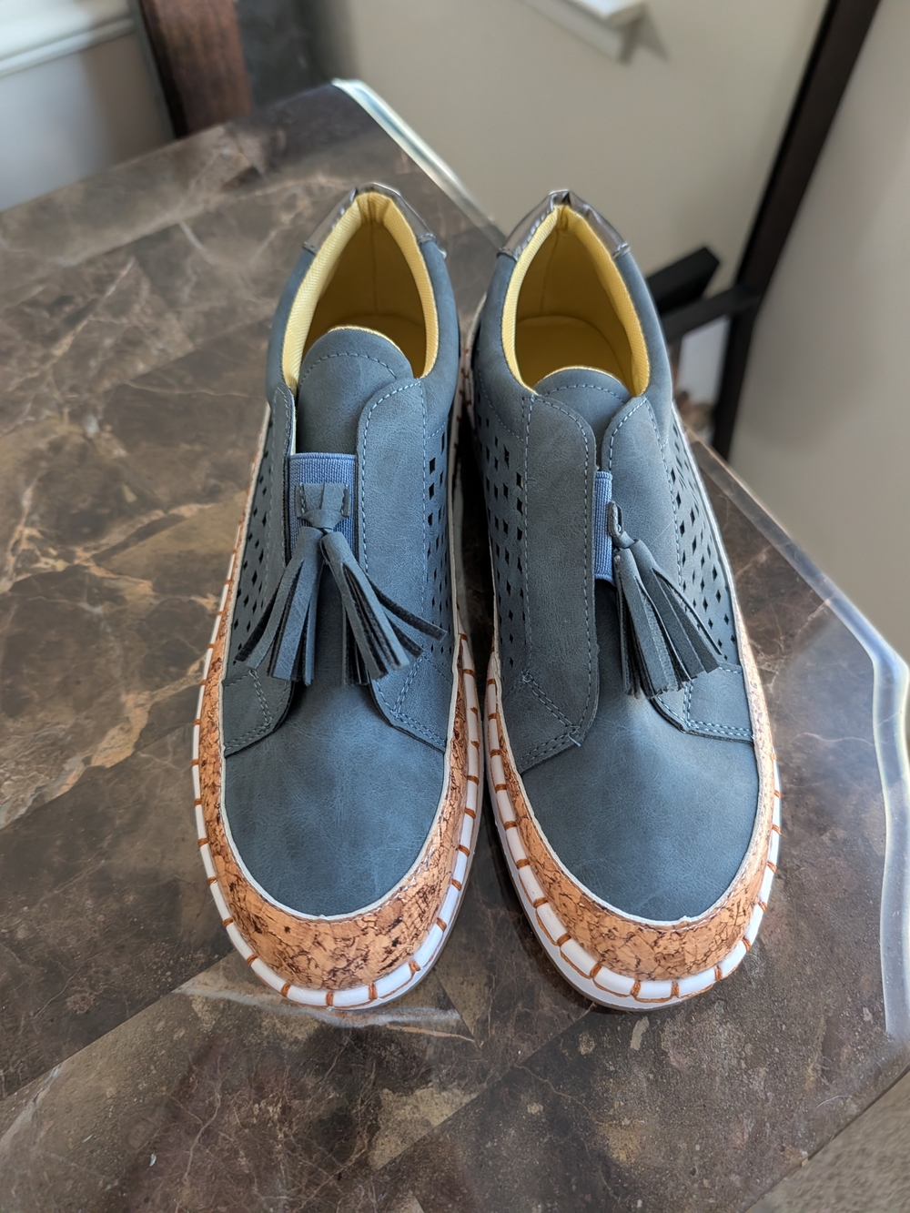 Women’s Suede Blue Tassel Slip-On Loafers with Cork Trim - Picture 4 of 8